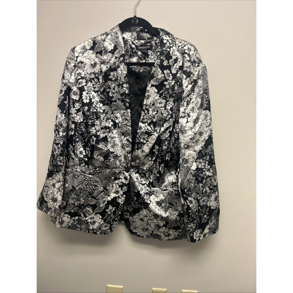 VTG Charlotte &Co Black Silver Long Sleeve Blazer Jacket 1 Button - Picture 1 of 3